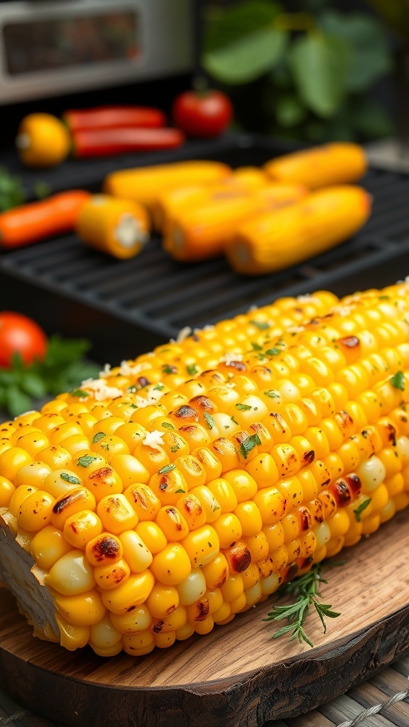Grilled corn on the cob with herbs and cheese on a wooden platter in a summer barbecue setting.